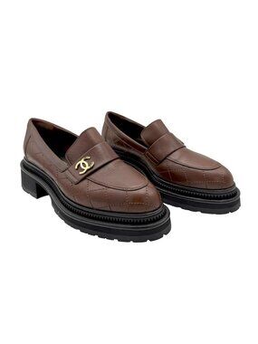 Chanel 23A Brown Calfskin Leather Quilted CC Gold Logo Flat Platform Loafer - 38